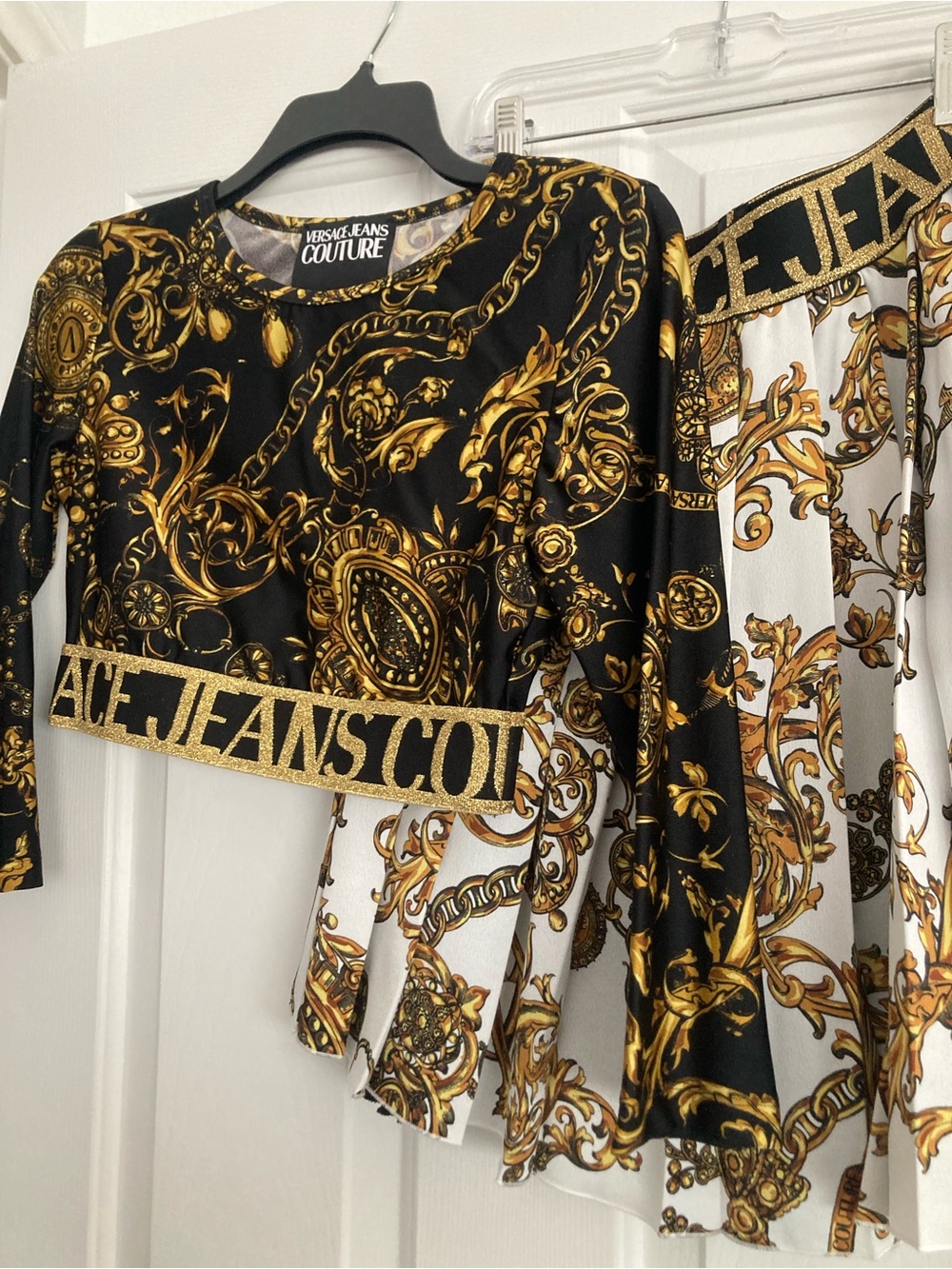 Versace Barocco Jeans Couture  Black & Gold Baroque Cropped top with skirt Set